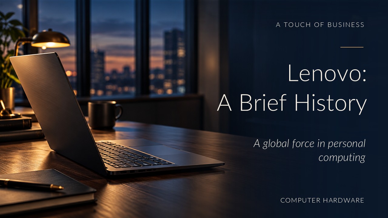 Open laptop on a wood desk in a dark office overlooking a city at dusk.