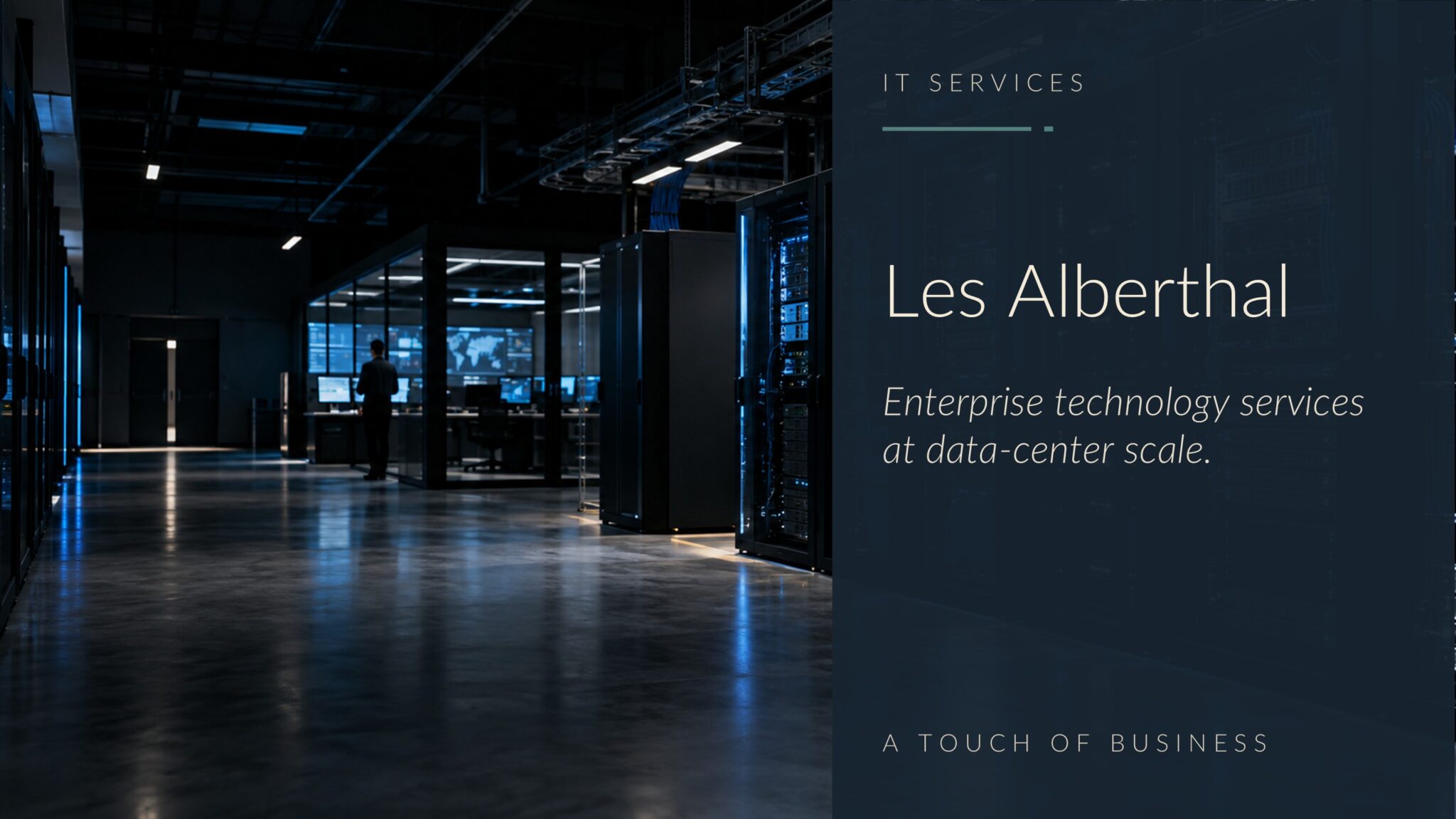 Dark data center with server racks, blue cabling, and a distant operations room.