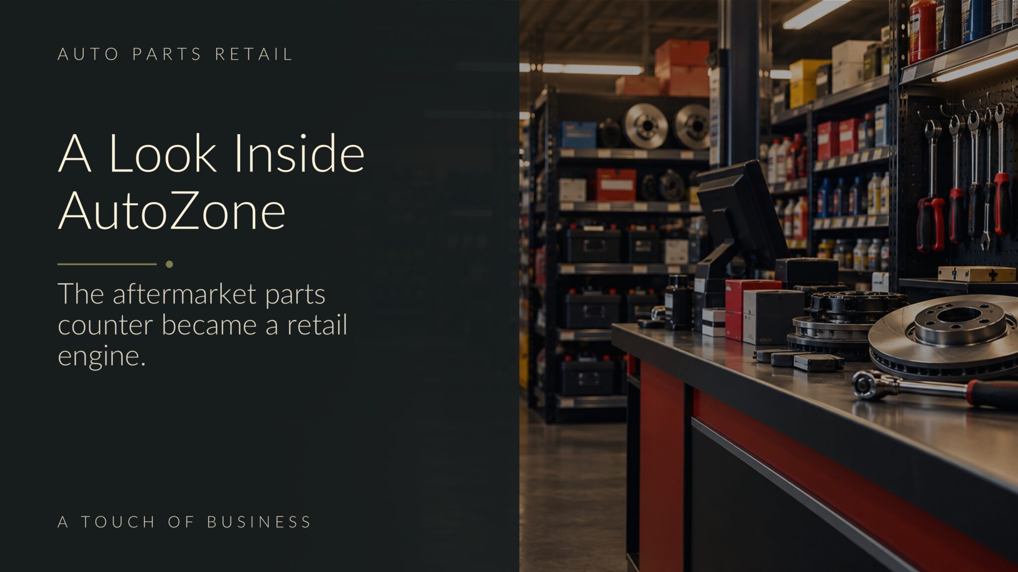 Cinematic auto parts retail interior with tools, brake parts, shelves, and service counter.