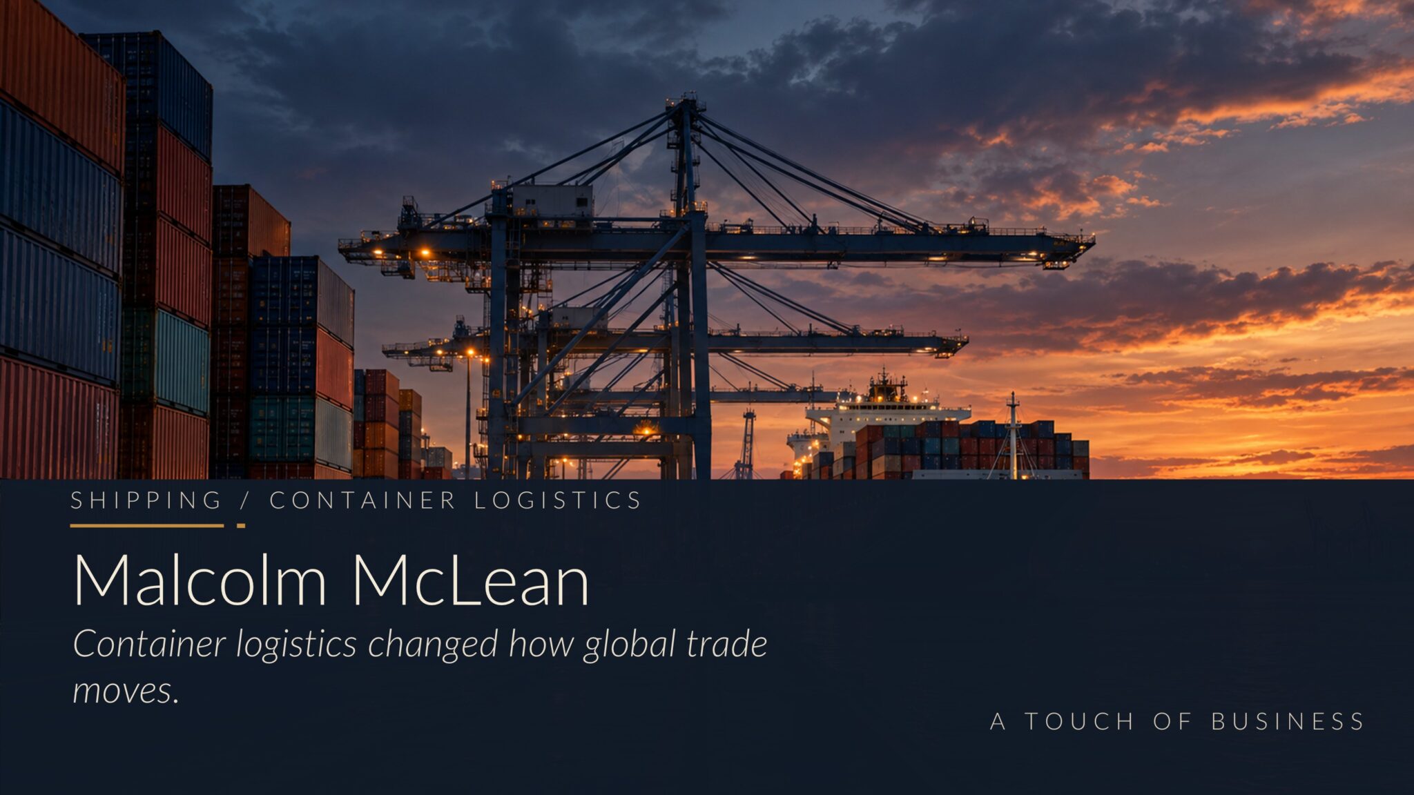 Container ship, gantry cranes, and stacked cargo containers at a cinematic port at dusk.