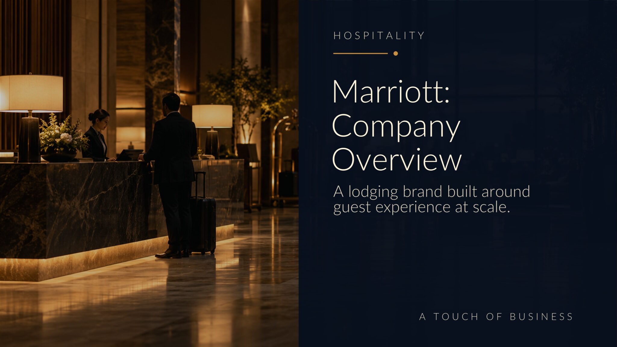Warm cinematic hotel lobby with reception desk, guest luggage, and city skyline at dusk.