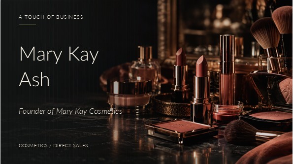 Rose-toned cosmetics and brushes on a dark marble vanity under warm, low-key light.