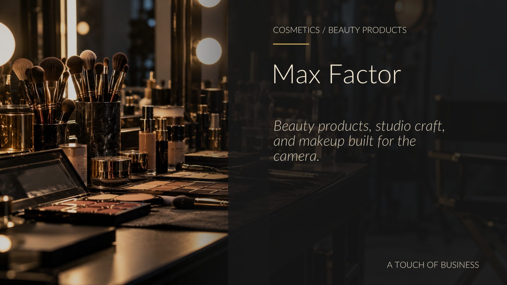 Cinematic editorial image representing Max Factor: cosmetics / beauty products context tied to founding max factor and pioneering movie makeup.