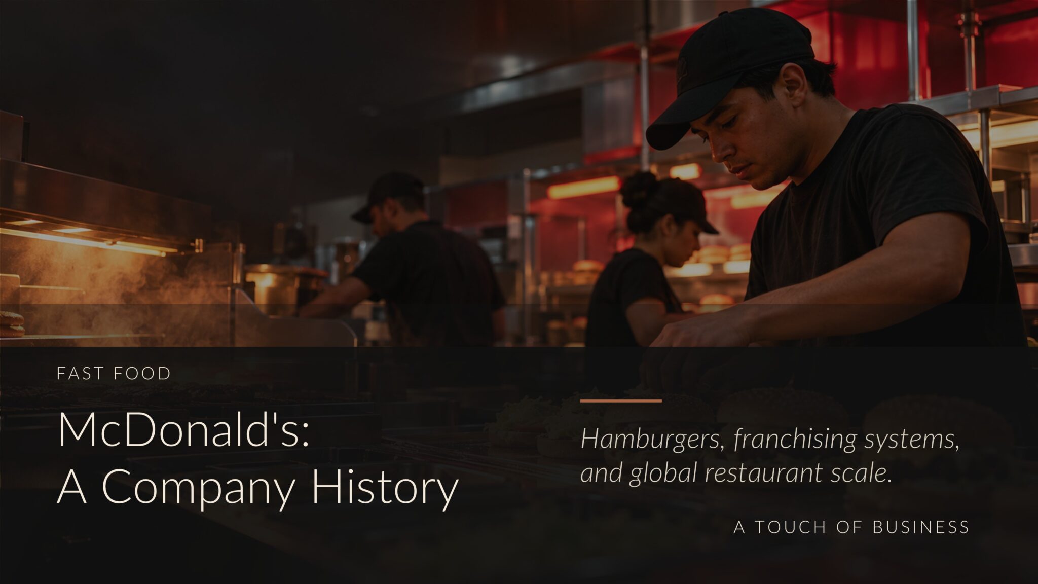Busy fast-food burger kitchen with workers assembling cheeseburgers under warm lights.