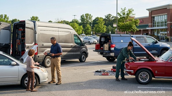 Two mechanics in work shirts repair cars from mobile service vehicles in a sunny parking lot.