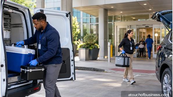 Medical couriers handling insulated transport containers outside a hospital entrance.