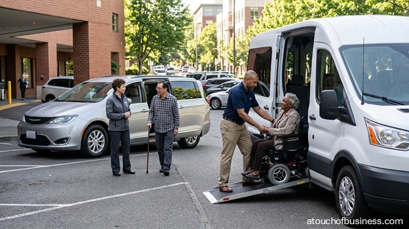 Medical transport staff assisting elderly patients near vans outside a facility.
