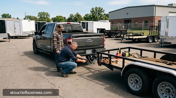 Two men hitching a utility trailer to a pickup truck in an outdoor rental lot.