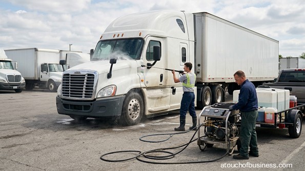 Two workers pressure washing a white semi-truck in a truck yard.