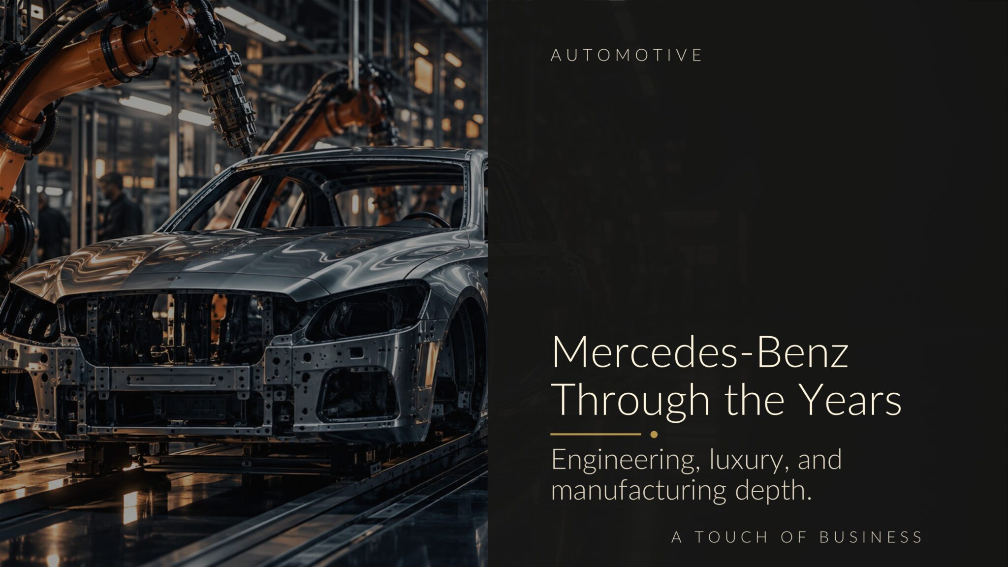 Cinematic luxury automobile assembly line with metallic car body and robotic arms.