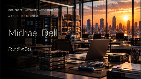 Computer hardware assembly workspace with laptops, server racks, electronic components, and tools overlooking a sunset city skyline.