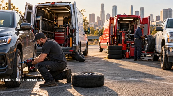 Technicians servicing vehicle tires beside two mobile service vans.