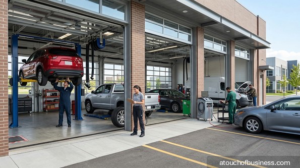 Mechanics work on cars inside an auto repair shop with multiple service bays.