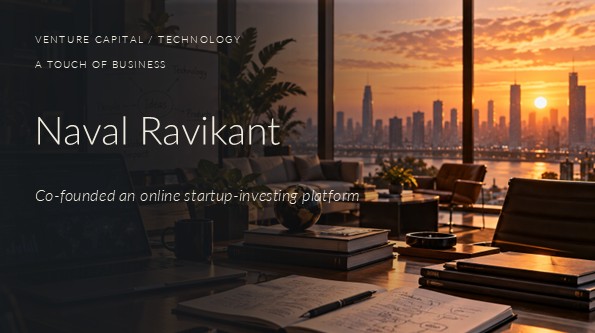 A photograph of a modern startup investment office at sunset, featuring a laptop, notebook, coffee mug, globe, and panoramic city skyline overlooking a bay.