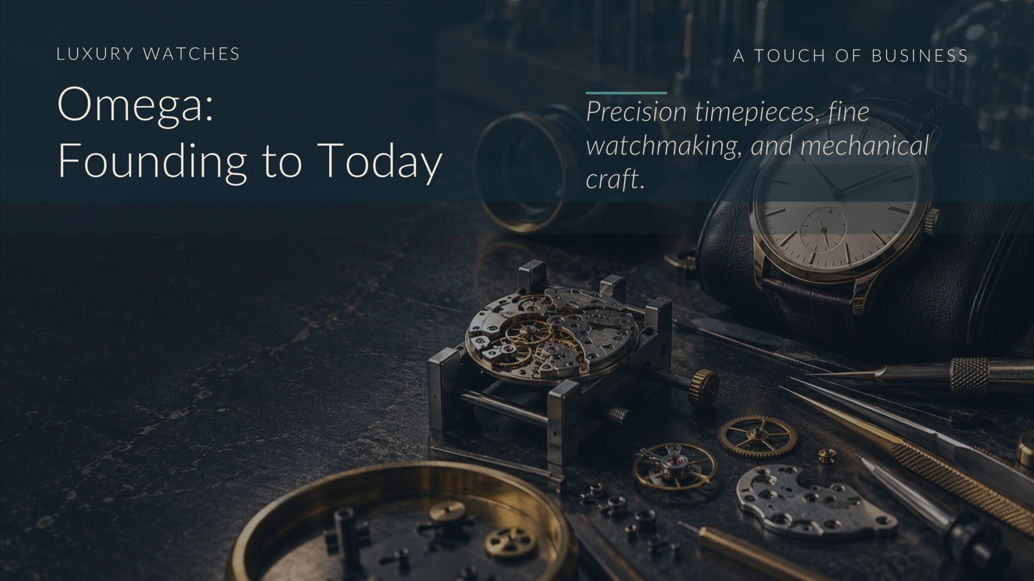 Moody watchmaker bench with a luxury wristwatch, gears, tools, and movement parts.