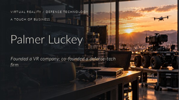 A photograph of a virtual reality and defense technology laboratory at sunset, featuring a VR headset, motion controllers, engineering monitors, an unmanned ground vehicle, and a drone.
