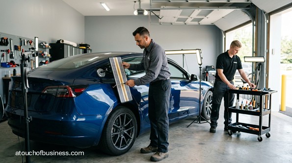 Two paintless dent repair technicians use tools to fix a dent on a blue car in a garage.
