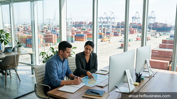 Two business professionals look at a map in an office overlooking a container port.