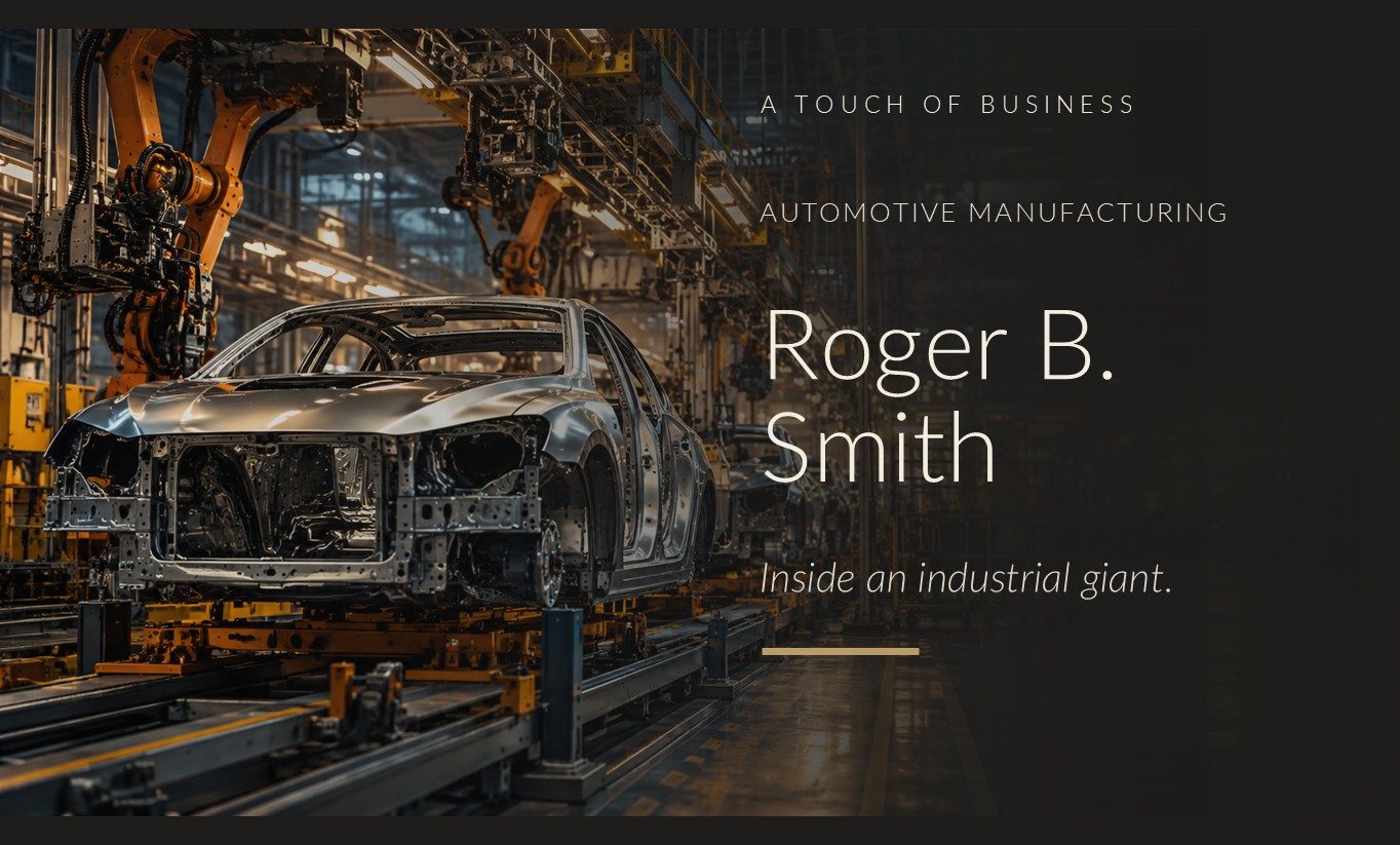 Metal automobile bodies moving along an automated assembly line in a large factory.