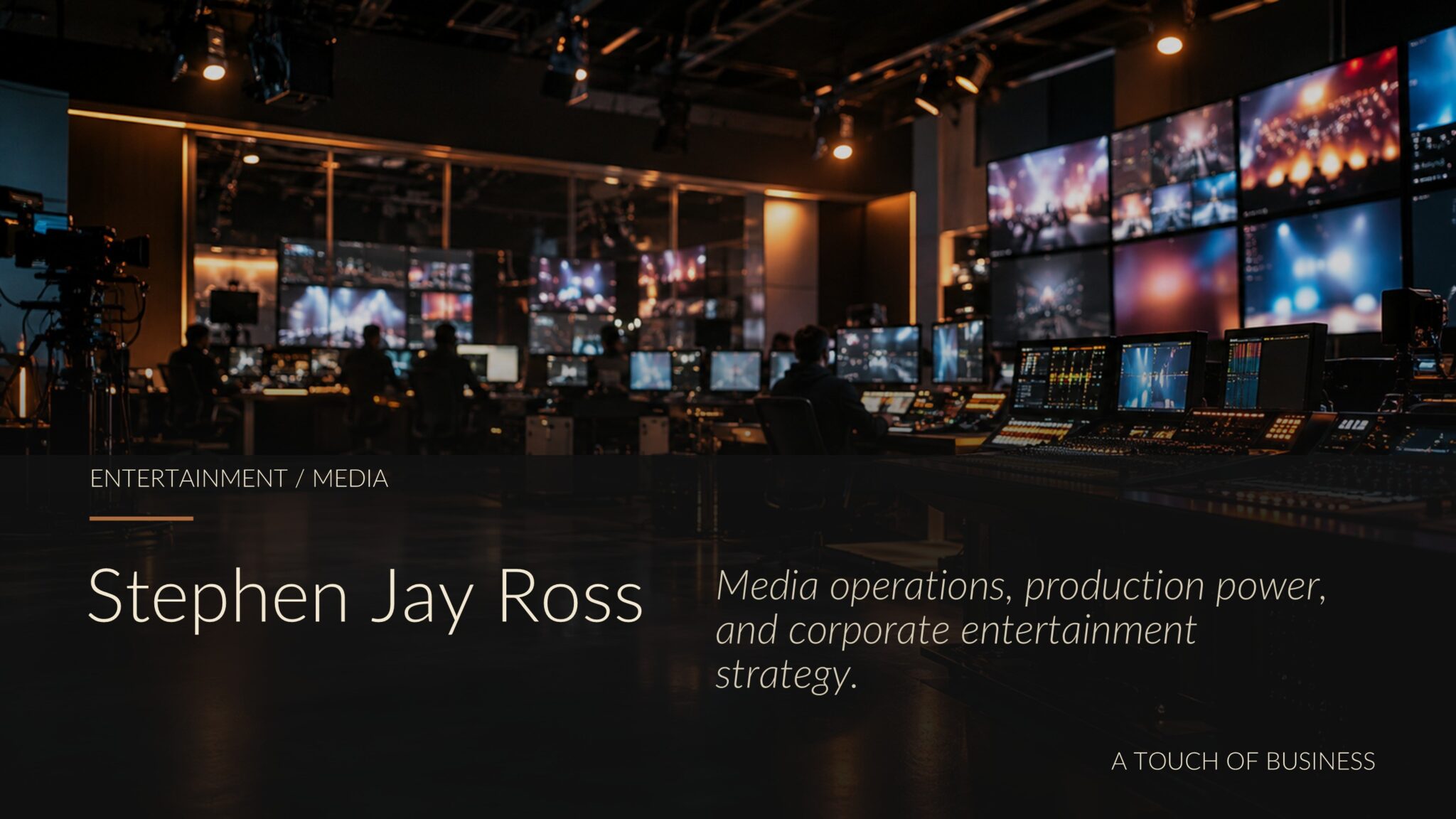 Cinematic editorial image representing Stephen Jay Ross: entertainment / media context tied to building time warner into a media giant.