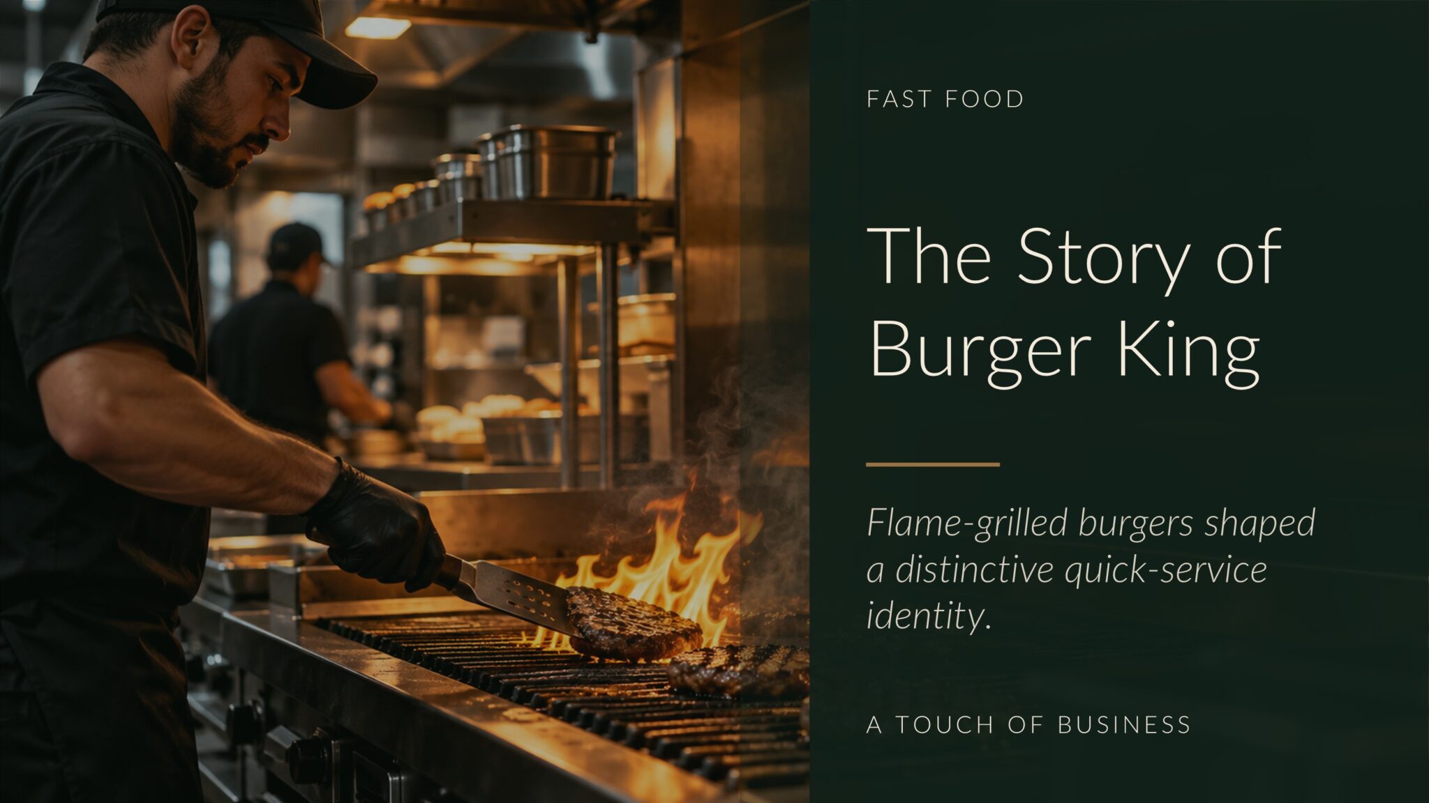Fast-food kitchen scene with a cook grilling burger patties over open flame.