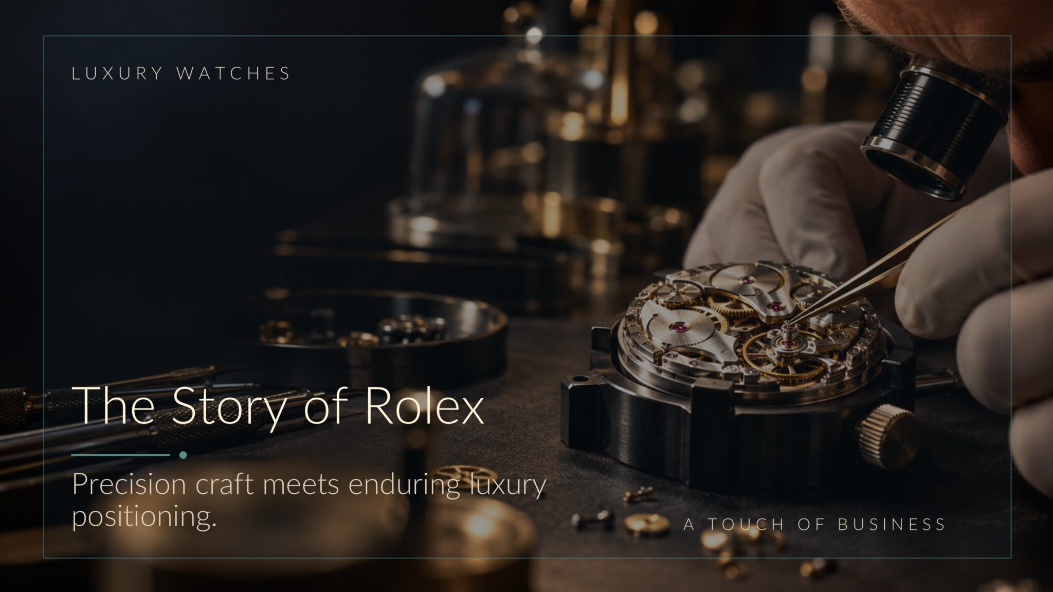 Close-up cinematic watchmaking bench with tweezers, mechanical movement, and precision tools.