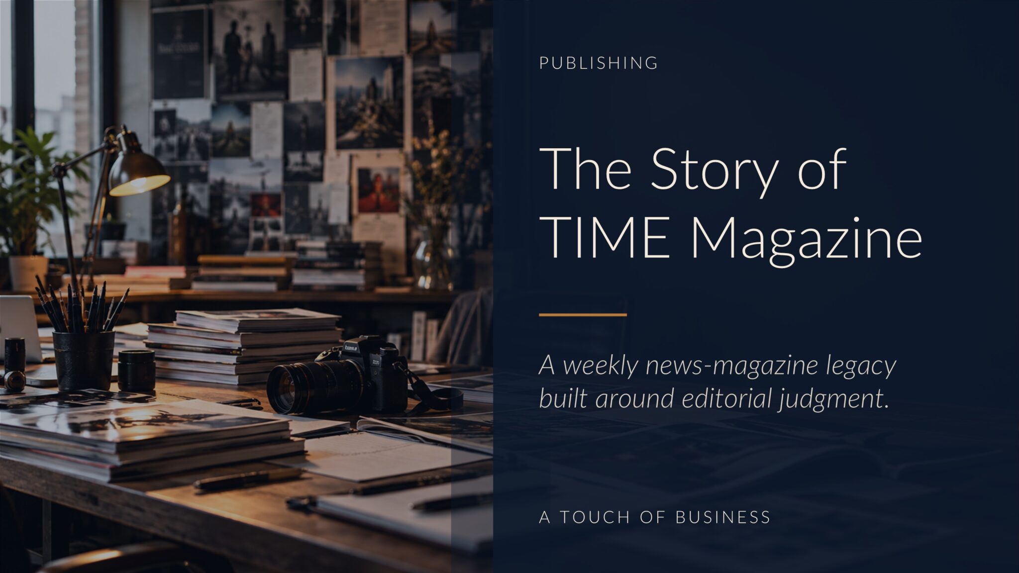 Moody editorial studio table with magazines, photo prints, notes, and a camera.