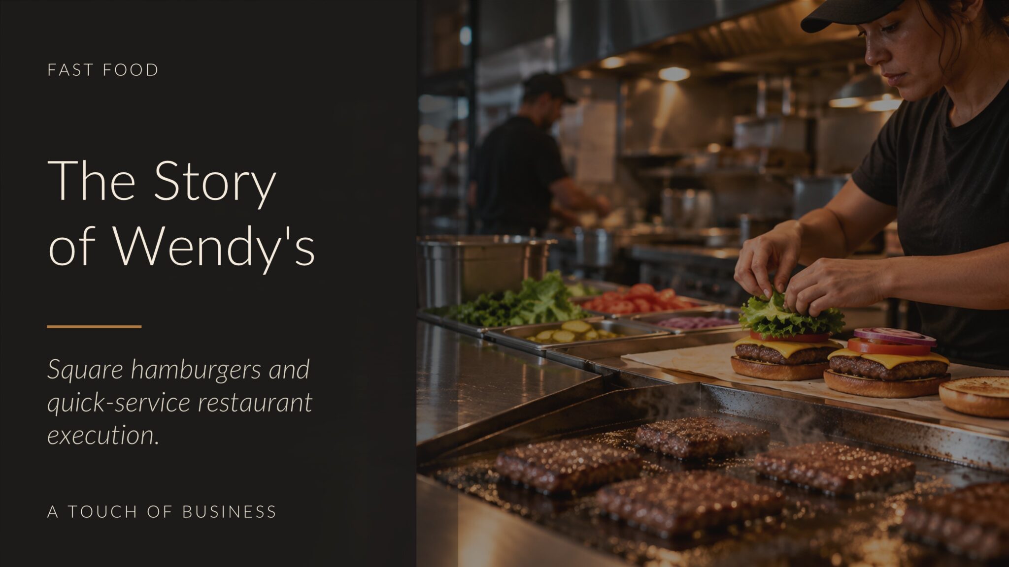Warm fast-food kitchen with burgers being assembled beside a flat-top grill.
