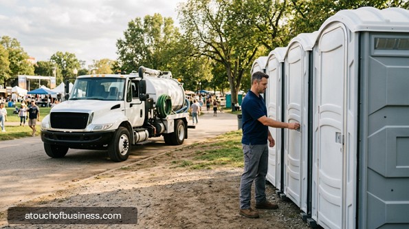 A technician connects a hose to a portable toilet near a service truck at an outdoor event.
