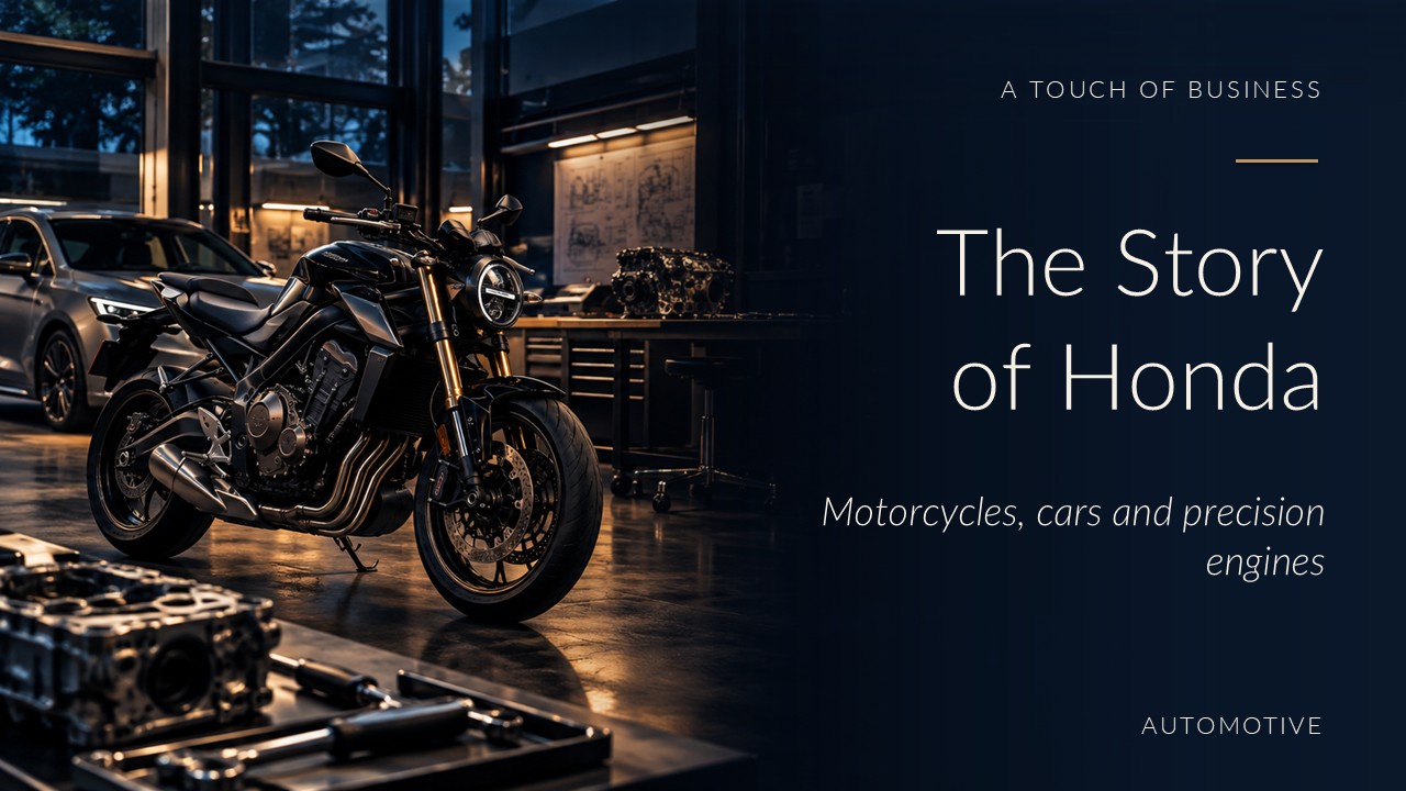 Black street motorcycle and a sedan inside a moody automotive engineering workshop.