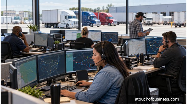 Dispatchers coordinating truck routes in a modern office overlooking a truck yard