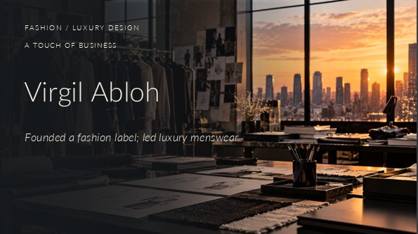 Photograph of a luxury fashion design studio at sunset, featuring garment sketches, fabric samples, a dress form, clothing racks, and a city skyline through tall windows.