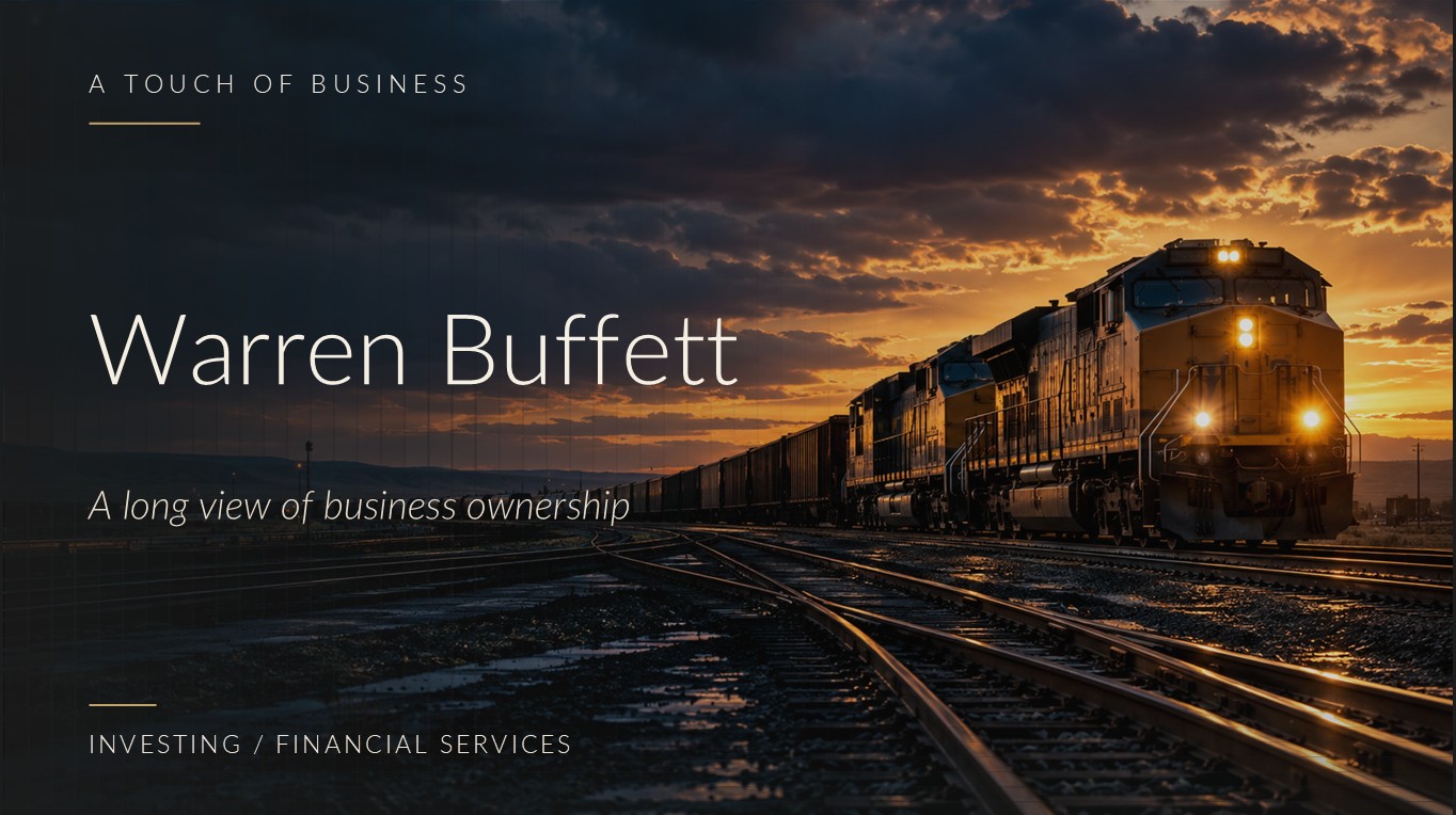 A freight train approaches on rain-darkened railway tracks at sunset beneath storm clouds.