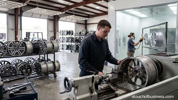 Two technicians repair and spray paint alloy wheels in a modern workshop.