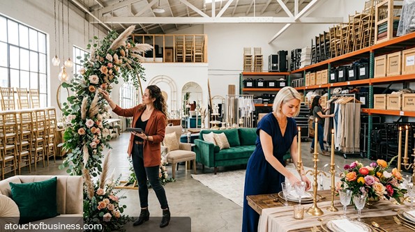 Women arrange a floral arch and table settings in a large event decor rental showroom.